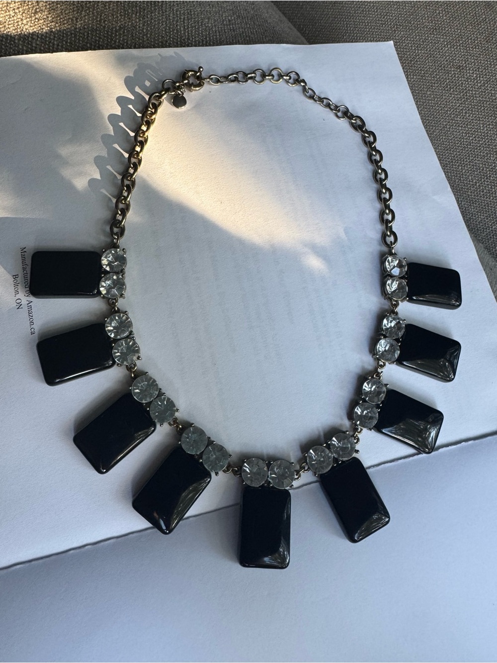 J.Crew Black & Clear Crystal Statement Necklace Faded Gold Tone